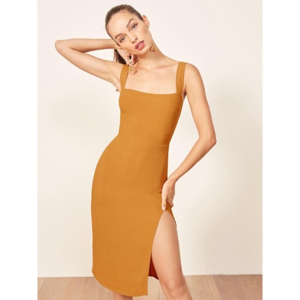Reformation Yellow Gold Christina Midi Slit Dress Size 8
